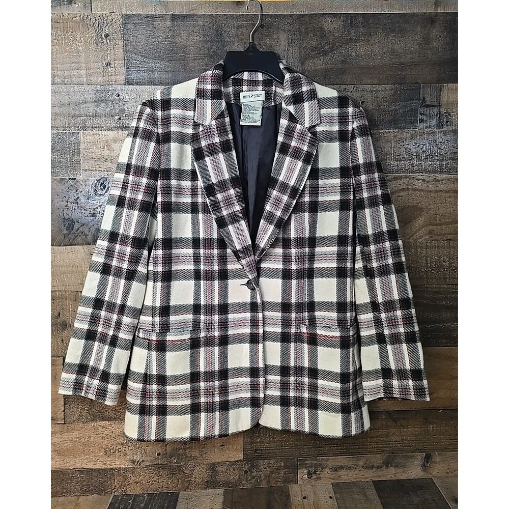 Vintage White Stag 70% Wool Blend Preppy Plaid Blazer Jacket Size 6 Y2K Academia